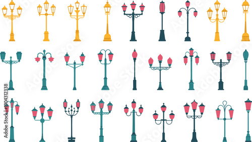 decorative street lamp vector icon collection, colorful vintage modern light poles set, urban outdoor lighting flat design pack