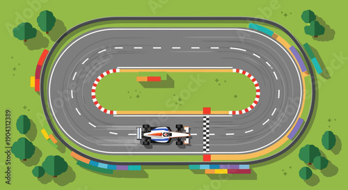 Overhead view of a toy race track with a racing car on a green background.