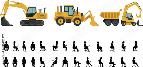 Flat construction machinery and office worker silhouette icon set, excavator bulldozer dump truck forklift equipment business people vector collection