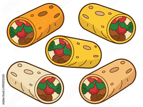 Cartoon burritos with visible fillings in various tortilla colors arranged a white background