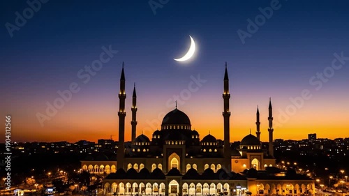 Mosque at sunset. Ramadhan kareem. Ramadhan mubarak. Islamic architecture. Crescent moon. Nighttime cityscape. Mosque building. Minarets. Dome. Sunset sky. Orange and blue gradient.