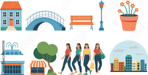 flat urban lifestyle city icons people walking park bench bridge shop building street vector illustration modern collection set design,