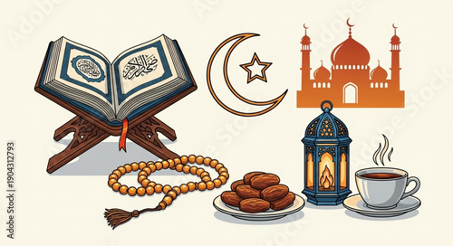 Islamic symbols and objects for Ramadan and Eid celebration.