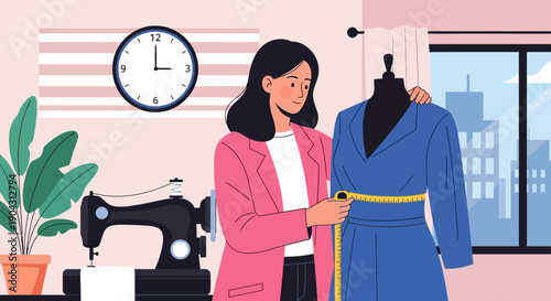 Illustration of a woman measuring a blue dress on a mannequin in a sewing room with a city view.