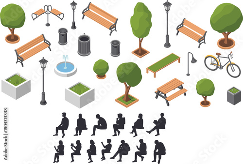 isometric park furniture and people silhouette collection with benches trees fountain bicycle street lamps urban outdoor vector set,