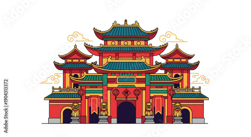 Traditional Chinese Temple Building Illustration.