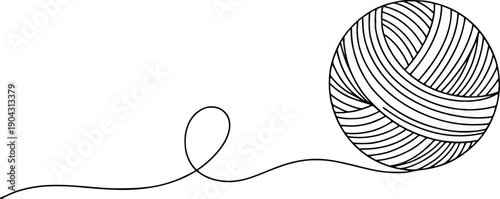 Simple Black Outline Ball of Yarn with Loose Thread White Background string wool