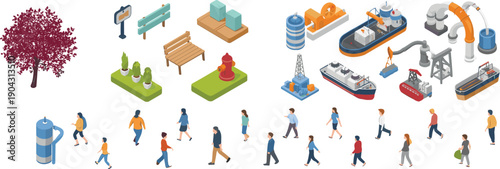 isometric urban city elements people industry transport infrastructure collection flat vector illustration street furniture oil business design set,