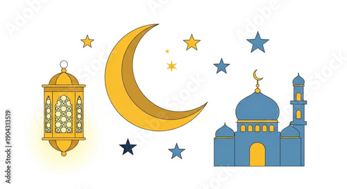 Islamic symbols crescent moon mosque and lantern with stars.