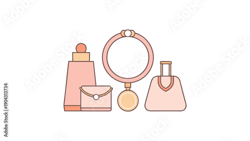 Vector illustration of women's fashion accessories: perfume bottle, clutch bag, necklace, compact mirror, and handbag, isolated on white