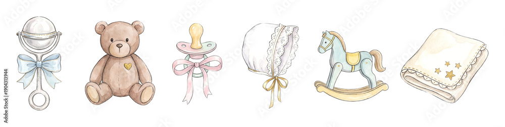 Fototapeta premium Pastel watercolor baby shower keepsakes illustrations Set.