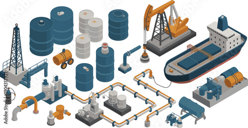 isometric, oil, industry, refinery, pipeline, tanker, pumpjack, barrels, factory, energy, fuel, industrial, equipment, vector, illustration, infrastructure, engineering, technology, collection, set