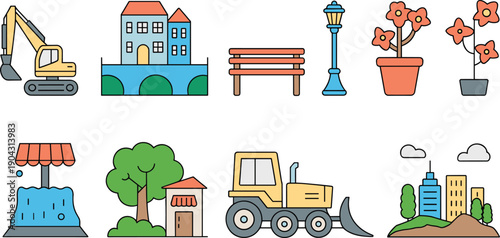 minimal urban city construction park icon set featuring excavator buildings bench lamp flowers fountain truck vector illustration bundle collection,
