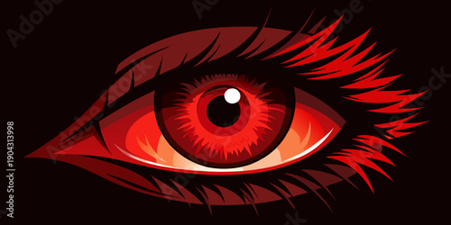 Close up high resolution photo of red eye with detailed eyelashes and glowing fiery iris in dark lighting creating dramatic effect