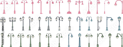 street lamp vector icon collection, vintage modern light poles set, urban lighting silhouettes, decorative outdoor design elements bundle