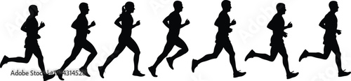 Running people silhouettes, side view runners sequence, fitness motion stride, athletic movement, endurance, isolated, white background, speed