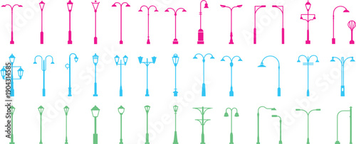 street, lamp, set, flat, illustration, lighting, pole, collection, urban, city, modern, vintage, outdoor, vector, isolated, decorative, design, equipment, icons, lights