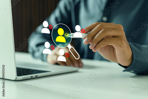 Businessman selecting a target candidate on a virtual HR interface. Concept of recruitment, talent acquisition, hiring, and employee management