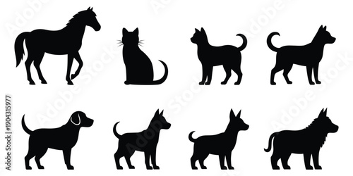 Domestic and farm animals silhouette set including dog, cat, horse and other animals. Ideal for agriculture, pet, veterinary, rural and educational designs.