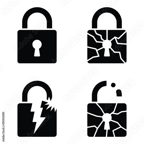 Four black and white padlock icons in different damaged states