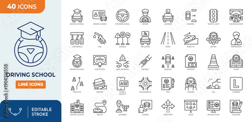 Driving School icon set. Driving School outline icons collection. Editable stroke. Vector illustration