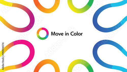 Rainbow colored swooshes, gradient curves, 'Move in Color' text, vector graphic for banner or poster or social media overlay, isolated on transparent background, png