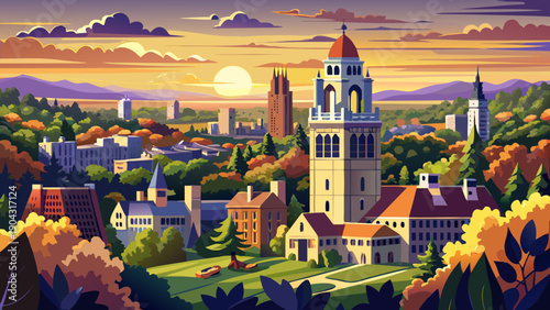 Very beautiful aerial sunset view of Harkness Tower on Yale University’s Old Campus, surrounded by summer greenery and the New Haven skyline, highlighting Ivy League academic elegance.