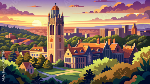 Very beautiful aerial sunset view of Harkness Tower on Yale University’s Old Campus, surrounded by summer greenery and the New Haven skyline, highlighting Ivy League academic elegance.