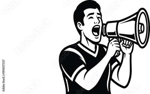A man shouting through a megaphone in a simple black and white illustration.