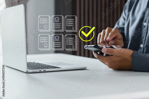 Businessman using a smartphone to verify and approve digital documents. Concept of mobile banking, remote authorization, and instant access