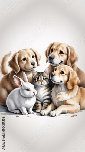 Dogs and cat with white rabbit.