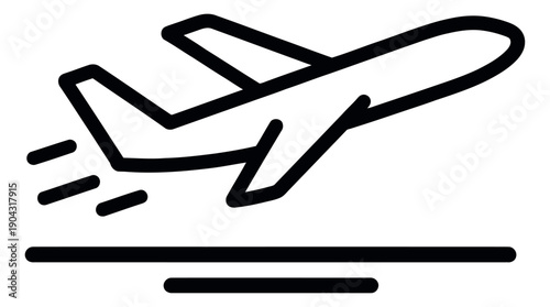 Hand drawn line art illustration of an airplane depicting takeoff for air travel