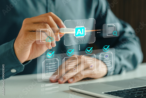 Businessman interacting with an AI interface to speed up document verification. Concept of future work, intelligent systems, and digital transformation.
