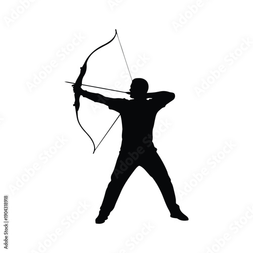 Black archer warrior silhouette aiming with bow and arrow. Strong action pose suitable for sports, hunting, historical, game design, logo, poster and creative projects. Isolated vector illustration.