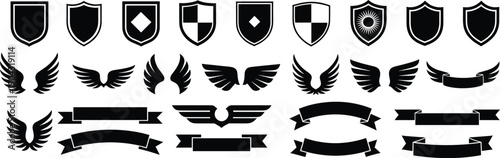 Heraldic emblem icon set with shields, wings, and ribbon banners in black silhouette style, vintage badge collection for military logo, award design, and branding.