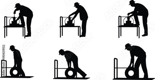 Industrial worker silhouette set handling machine and equipment, manual labor and factory process concept collection for manufacturing, engineering, workshop safety, and construction design.