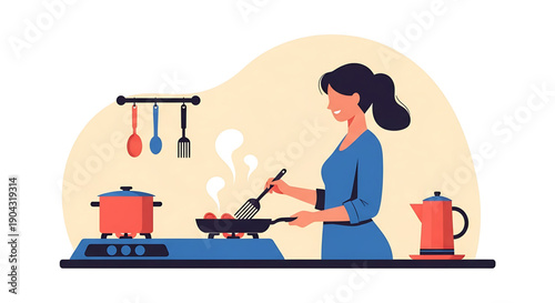 Illustration of a woman happily cooking food on a gas stove in a kitchen