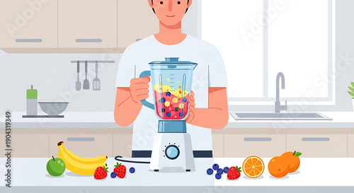 Young man preparing a healthy fruit smoothie in a modern kitchen, blending fresh ingredients for a nutritious breakfast or a refreshing snack
