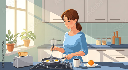 A cheerful woman cooking a healthy breakfast of fried eggs in a modern sunlit kitchen, enjoying a peaceful morning routine at home, creating a vibrant start to the day