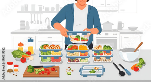 Woman preparing and stacking multiple healthy meal prep containers with fresh ingredients in a modern kitchen, illustrating efficient weekly food planning for a balanced diet and convenient nutrition
