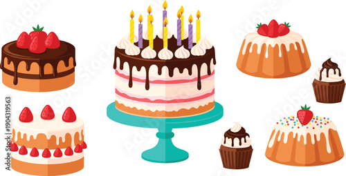 Birthday Cake Dessert Vector Set with Strawberry Cakes, Cupcakes and Festive Celebration Pastry Collection in Sweet Colorful Cartoon Illustration Style