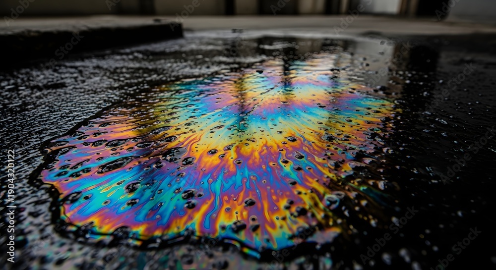 Fototapeta premium A shimmering prism of petrochemical waste creates a spectral garden on a dark pavement, symbolizing the haunting contrast between industrial byproduct and the inherent beauty of light