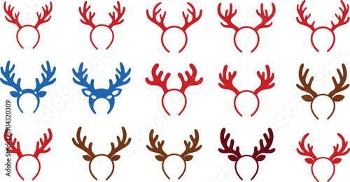 Reindeer Antlers Headband Icon Vector Set with Christmas Deer Horn Accessories in Red, Blue and Brown Colors, Minimal Festive Cartoon Design