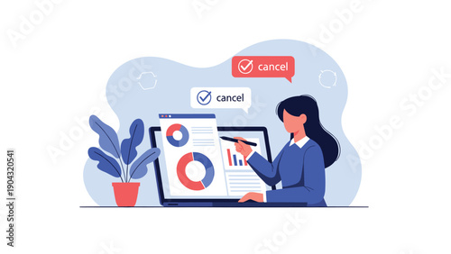 Focused businesswoman analyzing complex data on a laptop screen with colorful pie charts and bar graphs for a professional corporate report.