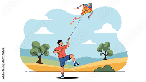 Active young boy having fun flying a large colorful kite in a beautiful green field on a windy and sunny day during his summer vacation.