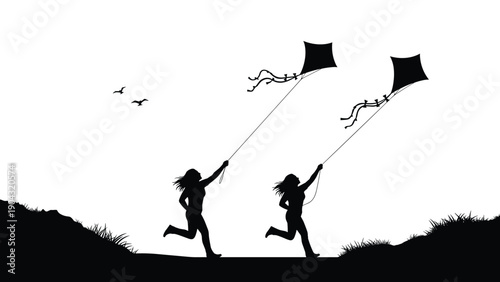 Black silhouette of two happy children running across a hill while flying kites at sunset against a clear sky with birds in the distance.