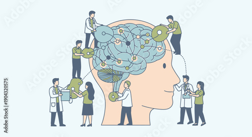 Vector illustration of people working together to construct a brain, teamwork and collaboration concept for business or education, isolated on light blue background, png