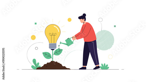 Creative woman watering a small growing plant with a bright lightbulb representing the development and nurturing of a new innovative idea.