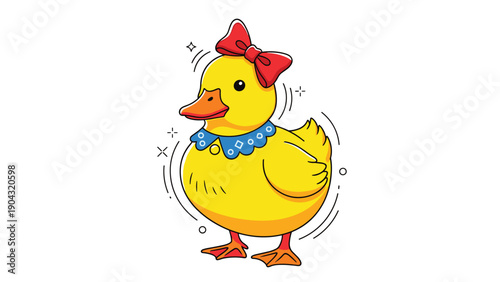 Charming cartoon illustration of a cute yellow duckling wearing a large red bow and a blue collar, sparkling with happiness.