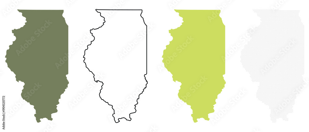 Fototapeta premium Illinois State Map Silhouettes Collection: Solid, Outline, Dotted, and Filled